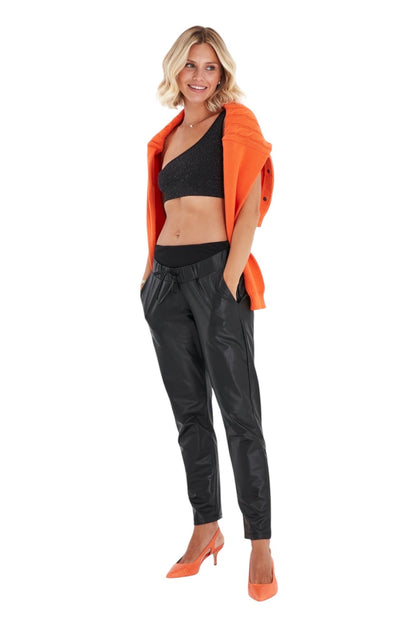 Accouchée Comfy Cool Foldover Waistband Faux Leather Maternity Jogger Pants