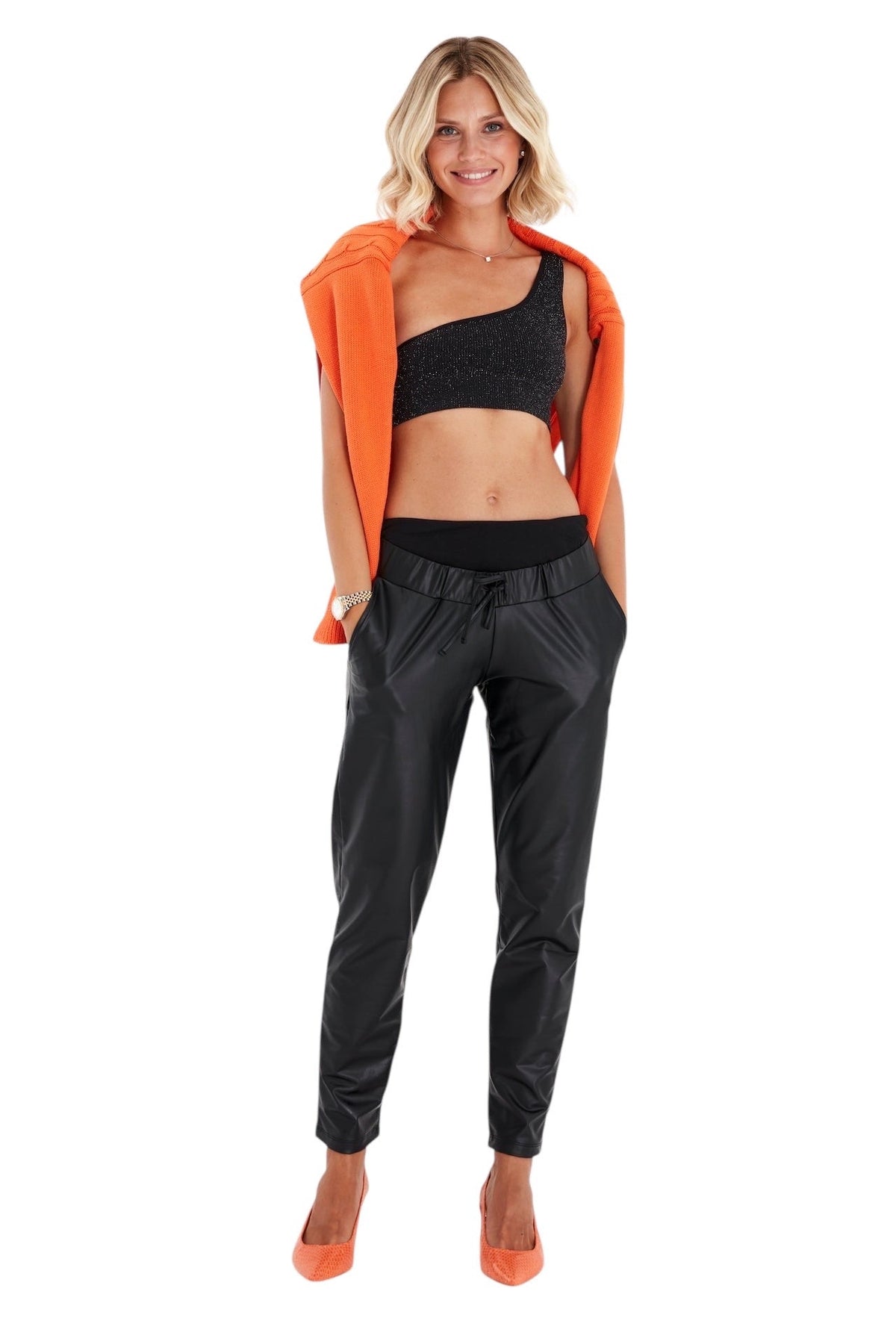 Accouchée Comfy Cool Foldover Waistband Faux Leather Maternity Jogger Pants