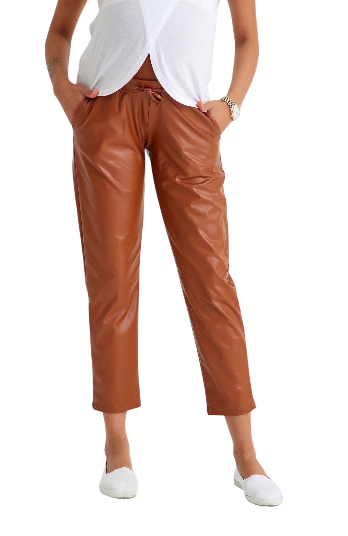Accouchée Comfy Cool Foldover Waistband Faux Leather Maternity Jogger Pants