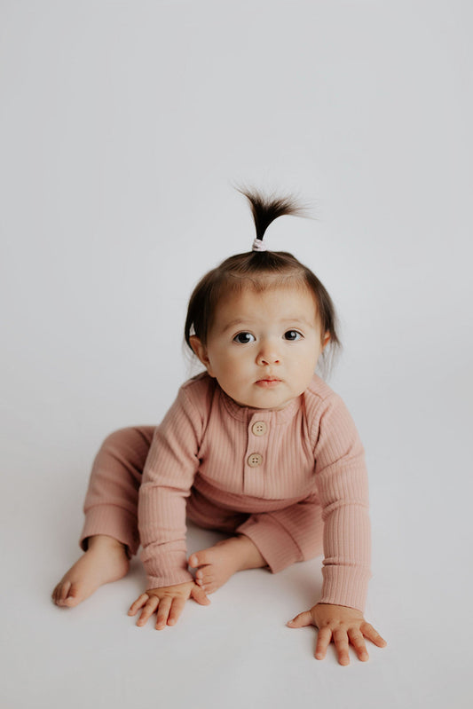 Three Little Tots Dusty Rose Pink Baby Ribbed Playsuit with Pockets