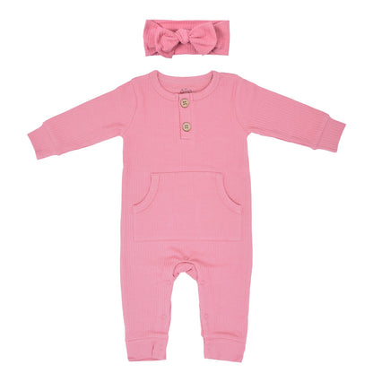 Three Little Tots Precious Pink Baby Ribbed Playsuit with Pockets
