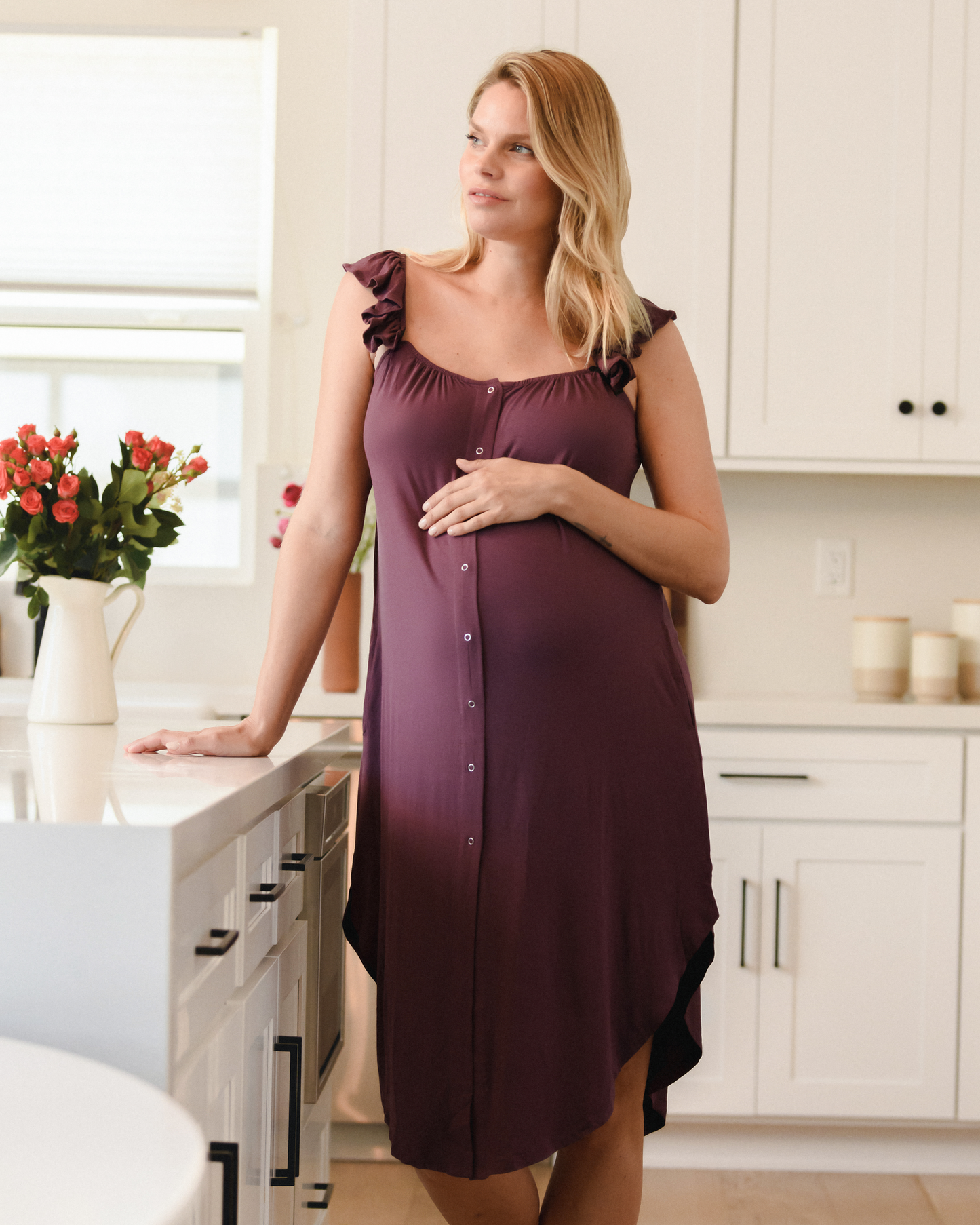 Kindred Bravely Ruffle Strap Labor & Delivery Gown Burgundy Plum