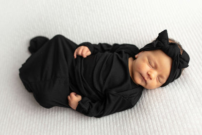 Three Little Tots Black Ribbed Knotted Baby Gown