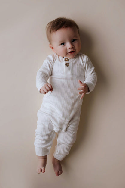 Three Little Tots White Baby Ribbed Playsuit with Pockets