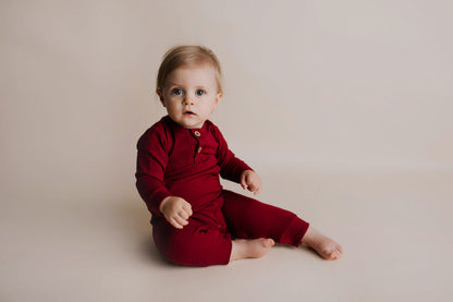 Three Little Tots Ruby Red Baby Ribbed Playsuit with Pockets