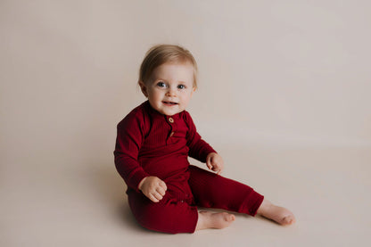 Three Little Tots Ruby Red Baby Ribbed Playsuit with Pockets