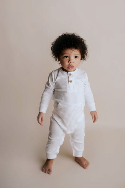 Three Little Tots White Baby Ribbed Playsuit with Pockets