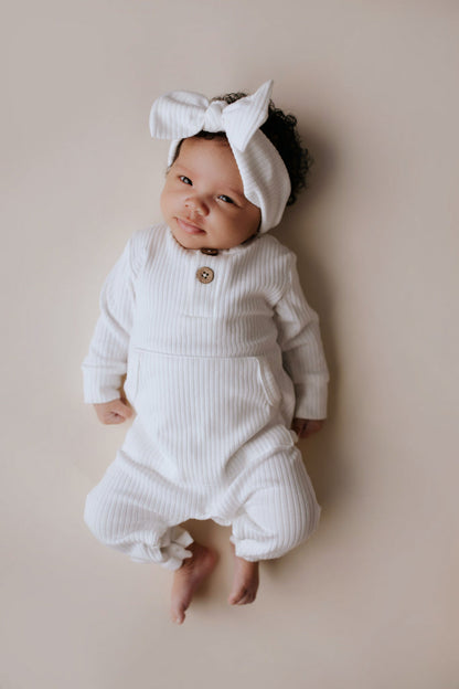 Three Little Tots White Baby Ribbed Playsuit with Pockets