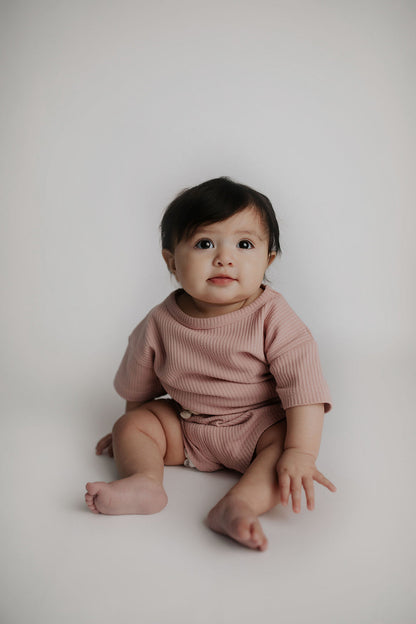 Three Little Tots Rose Summer Waffle Top & Bottom Set