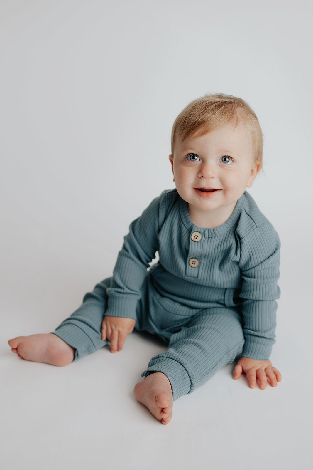 Three Little Tots Storm Blue Baby Ribbed Playsuit with Pockets