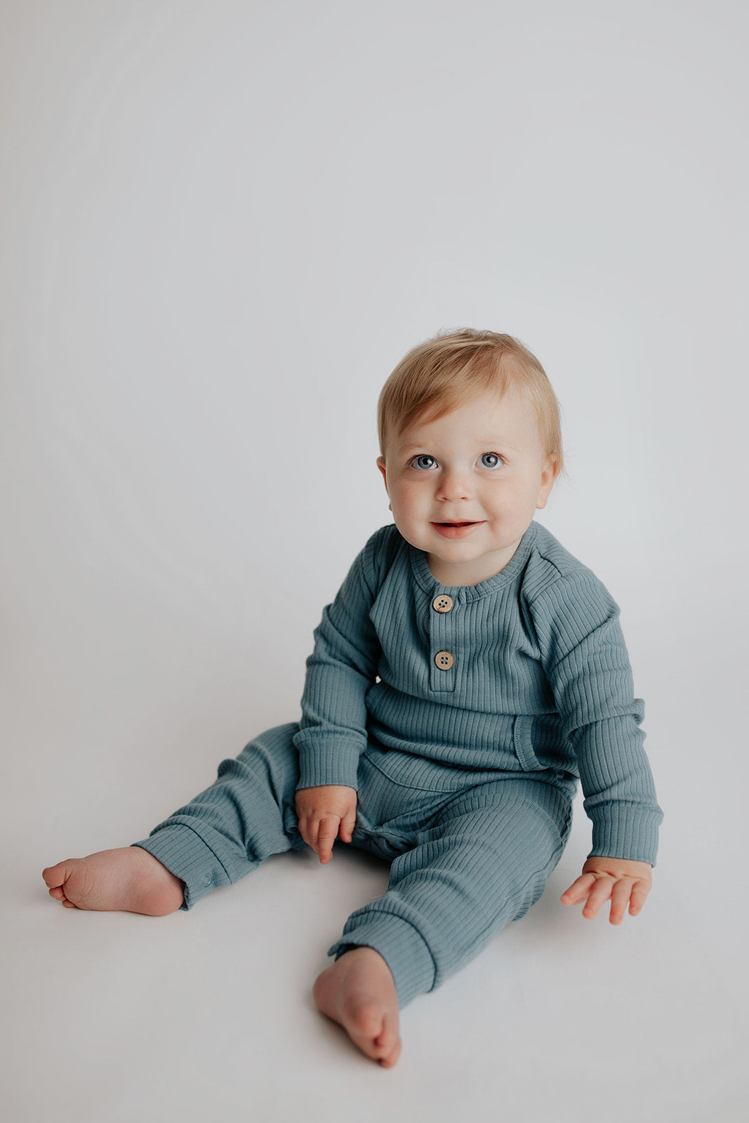 Three Little Tots Storm Blue Baby Ribbed Playsuit with Pockets