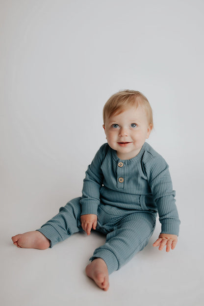 Three Little Tots Storm Blue Baby Ribbed Playsuit with Pockets