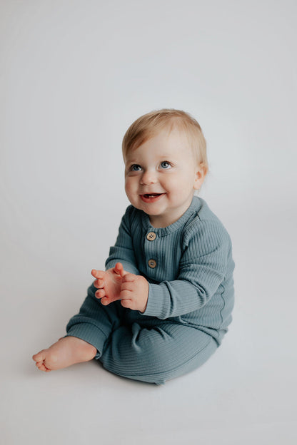 Three Little Tots Storm Blue Baby Ribbed Playsuit with Pockets