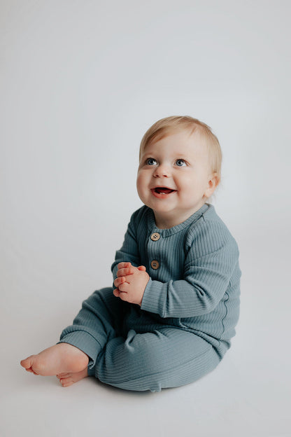 Three Little Tots Storm Blue Baby Ribbed Playsuit with Pockets