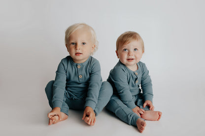 Three Little Tots Storm Blue Baby Ribbed Playsuit with Pockets