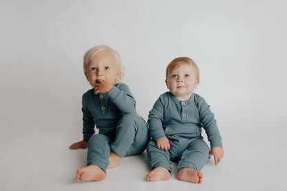 Three Little Tots Storm Blue Baby Ribbed Playsuit with Pockets
