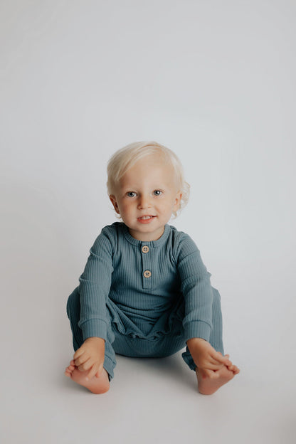 Three Little Tots Storm Blue Baby Ribbed Playsuit with Pockets