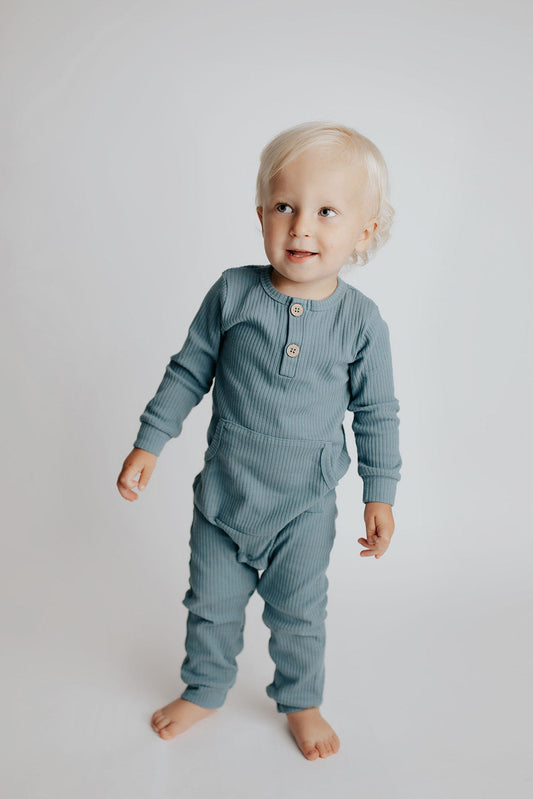 Three Little Tots Storm Blue Baby Ribbed Playsuit with Pockets