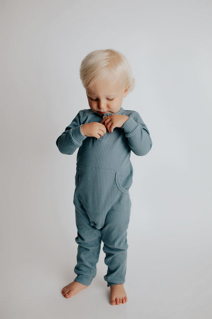 Three Little Tots Storm Blue Baby Ribbed Playsuit with Pockets
