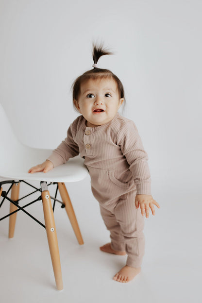 Three Little Tots Mauve Baby Ribbed Playsuit with Pockets