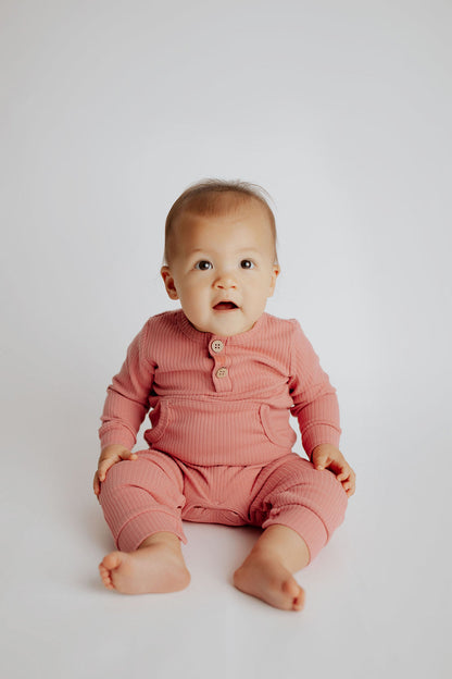 Three Little Tots Precious Pink Baby Ribbed Playsuit with Pockets