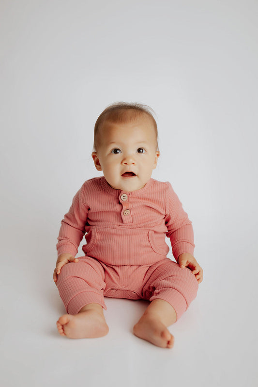 Three Little Tots Precious Pink Baby Ribbed Playsuit with Pockets