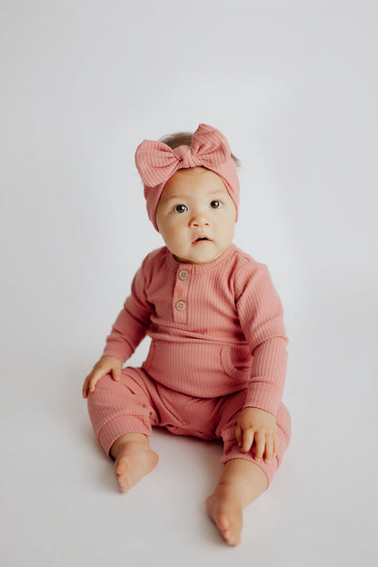 Three Little Tots Precious Pink Baby Ribbed Playsuit with Pockets