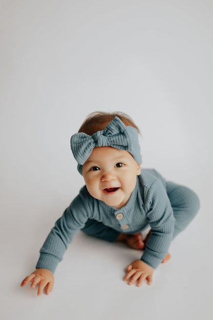 Three Little Tots Storm Blue Baby Ribbed Playsuit with Pockets