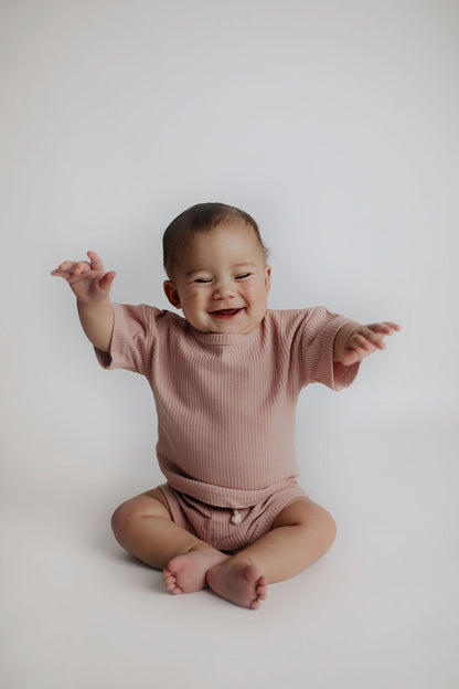 Three Little Tots Rose Summer Waffle Top & Bottom Set