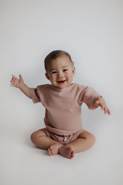 Three Little Tots Rose Summer Waffle Top & Bottom Set