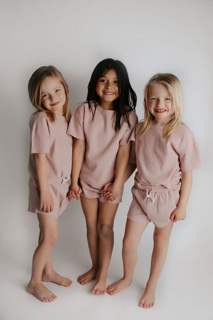 Three Little Tots Rose Summer Waffle Top & Bottom Set