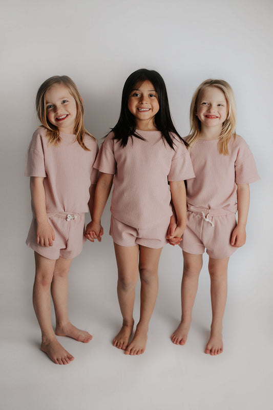 Three Little Tots Rose Summer Waffle Top & Bottom Set
