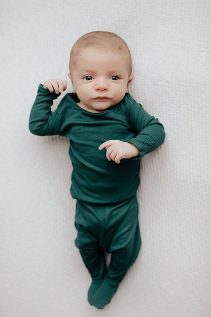 Three Little Tots Ribbed Forest Green Jammies