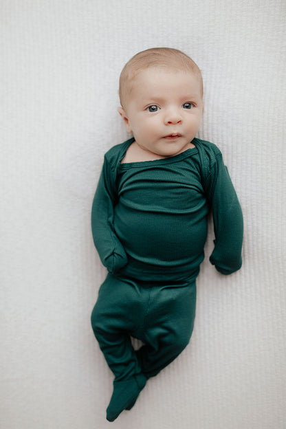 Three Little Tots Ribbed Forest Green Jammies