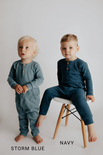 Three Little Tots Storm Blue Baby Ribbed Playsuit with Pockets