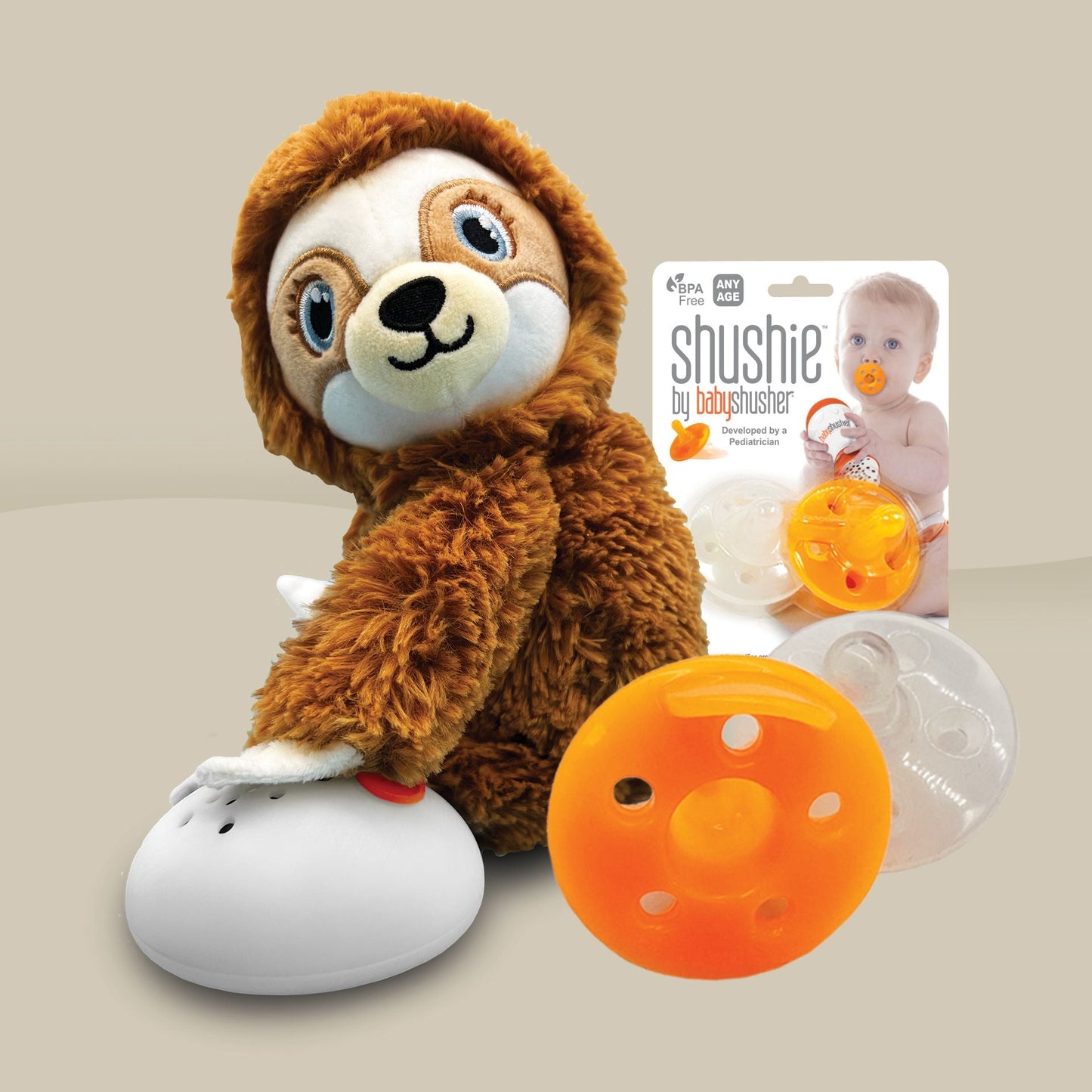 Shusher Baby Sloth Plush Sound Machine + 2 Shushie Pacifiers Bundle