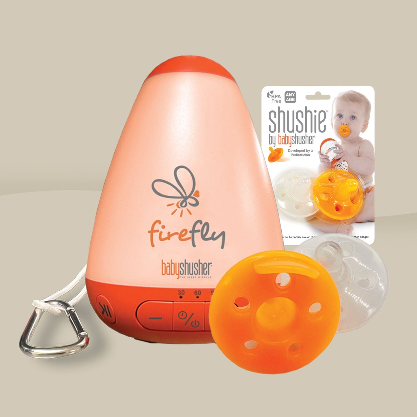 Shusher Firefly Portable Baby Sound Machine + Shushie Pacifier 2-Pack Bundle