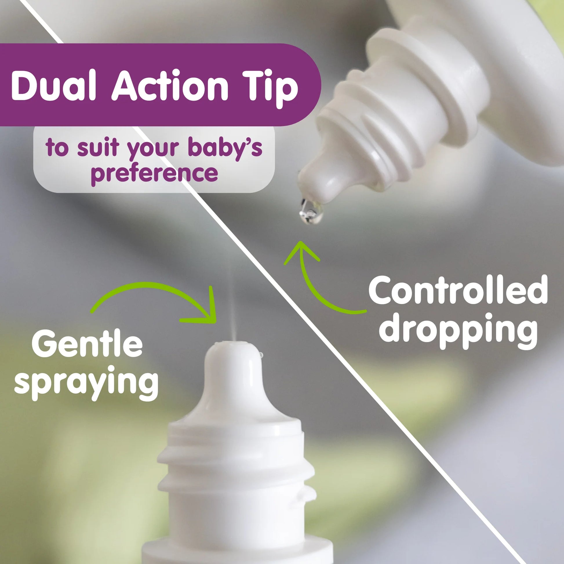 Bottle with dual action tip for controlled and gentle spraying, suitable for babies.