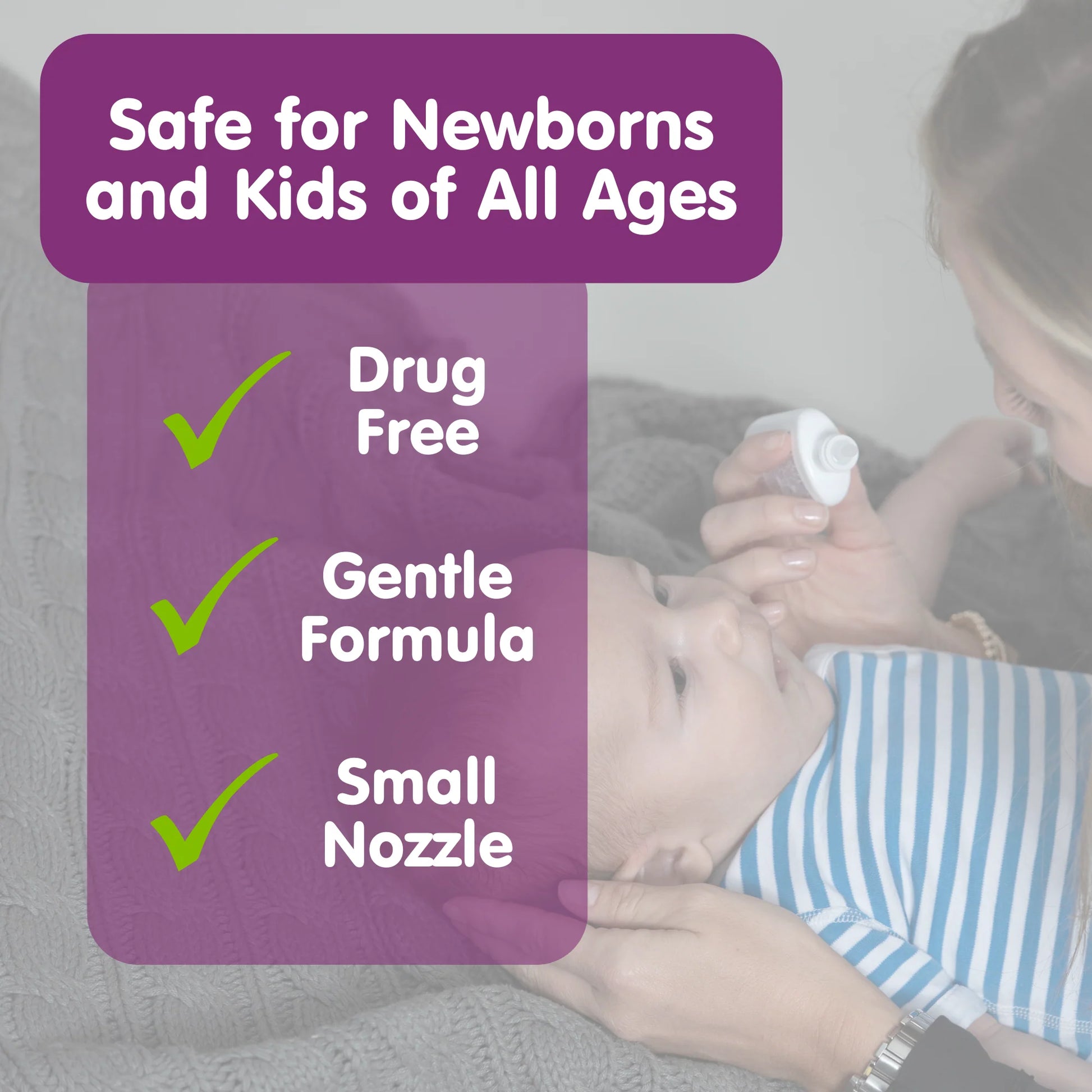 Baby being given saline drops in the nose and text indicating product features on a purple background