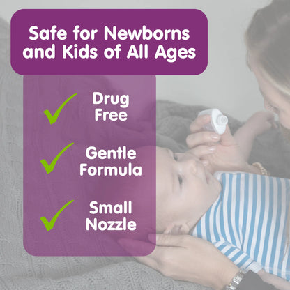 Baby being given saline drops in the nose and text indicating product features on a purple background