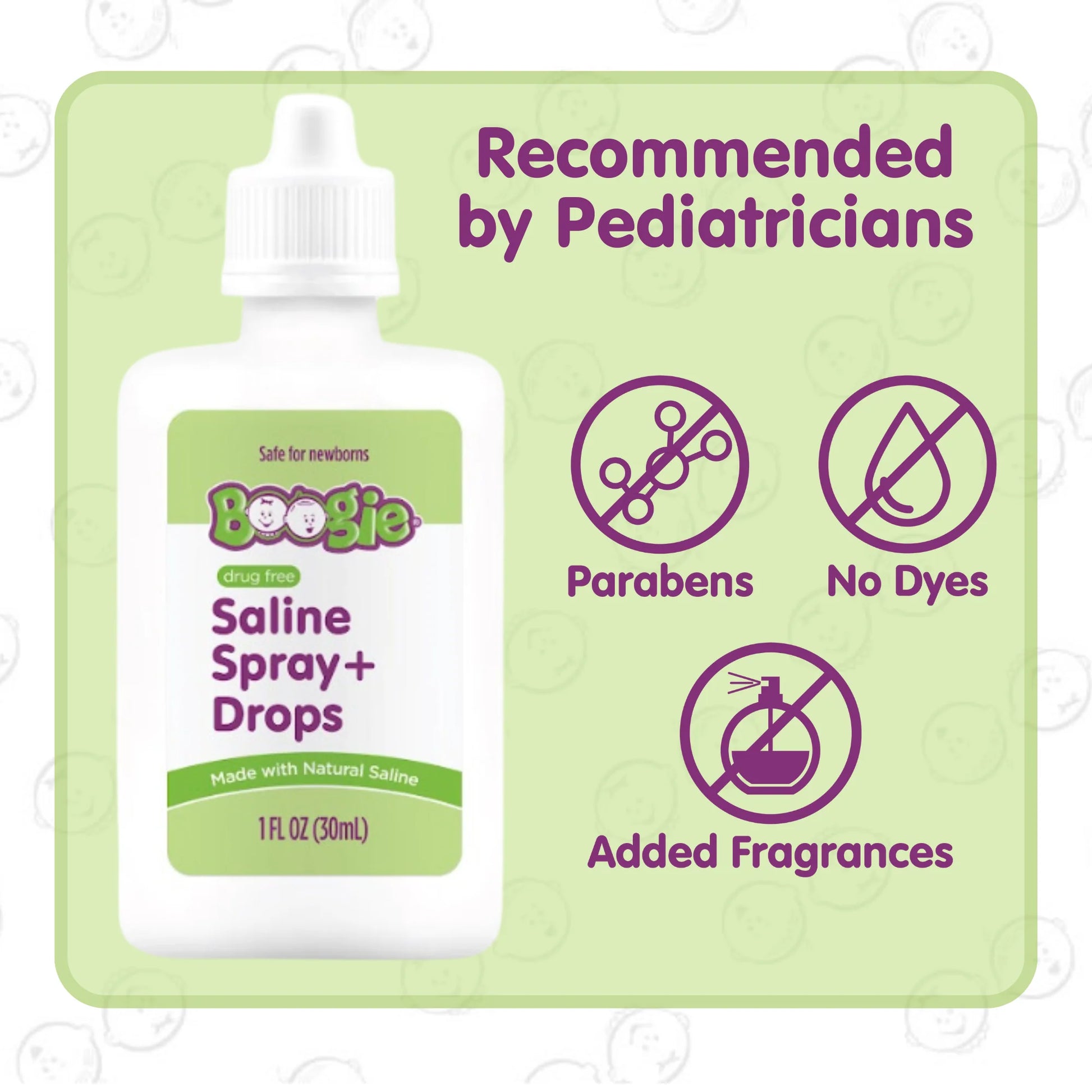 Boogie Saline Spray and Drops with green background and product image