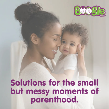 Woman holding a child with text about solutions for messy moments of parenthood, featuring the Boogie Brand logo.