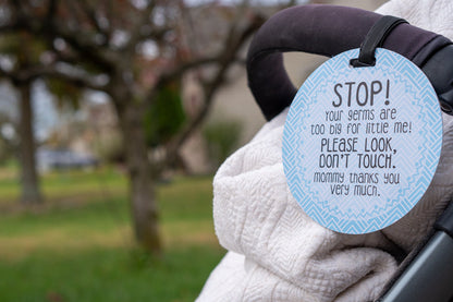 Three Little Tots Blue Stop No Touching Newborn Baby Car Seat Tag