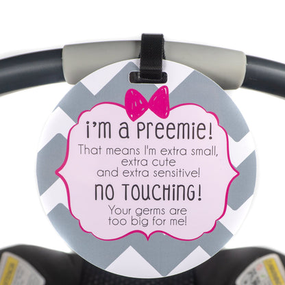 Three Little Tots Pink Preemie No Touching Newborn Car Seat Sign Tag