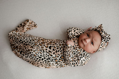 Three Little Tots Leopard Knotted Newborn Baby Gown