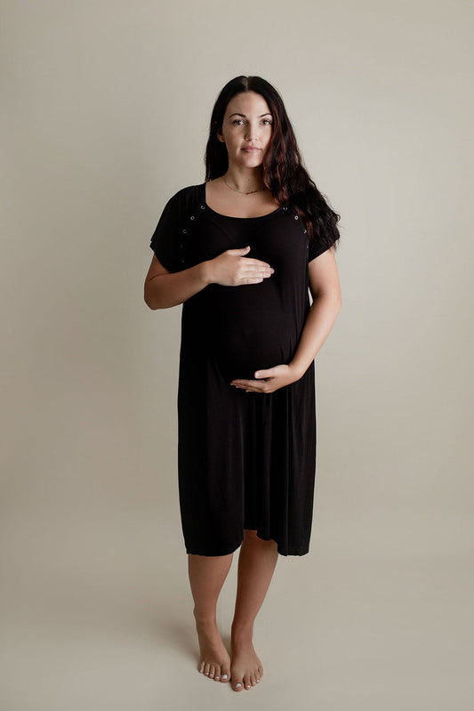 Three Little Tots Ribbed Black Labor and Delivery Nursing Hospital Gown