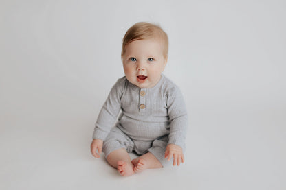 Three Little Tots Gray Baby Ribbed Playsuit with Pockets