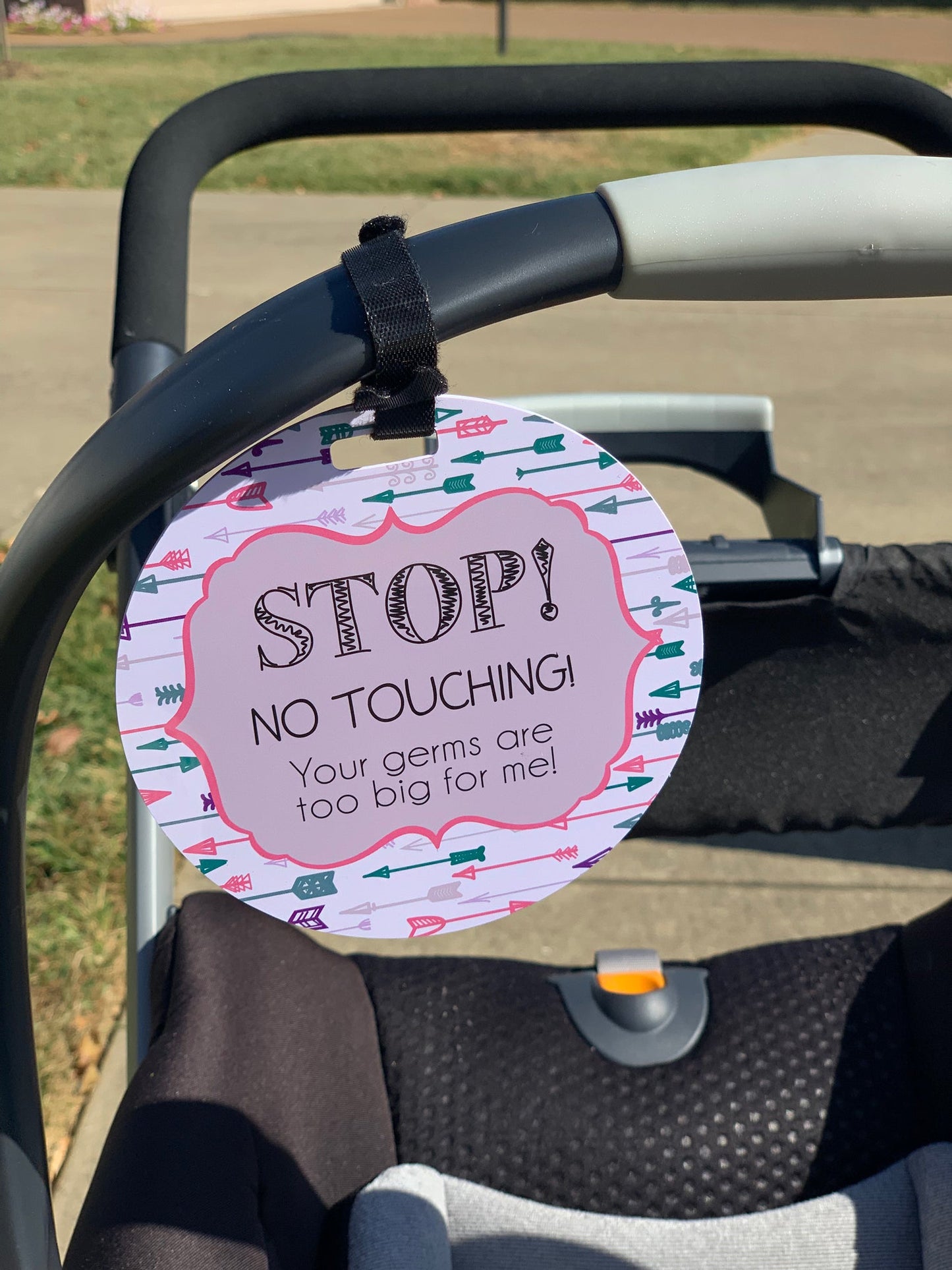 Three Little Tots Girl Arrows Stop No Touching Newborn Baby Car Seat Sign Tag