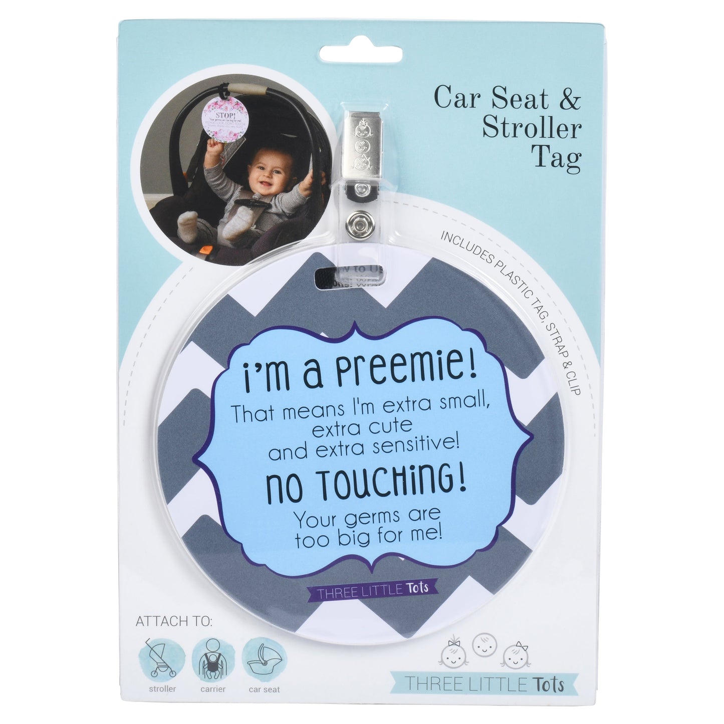 Three Little Tots I'm A Preemie Boy No Touching Baby Car Seat Sign Tag