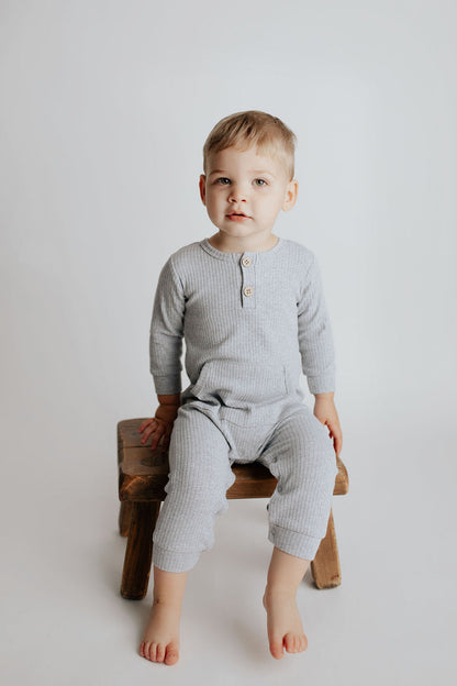 Three Little Tots Gray Baby Ribbed Playsuit with Pockets